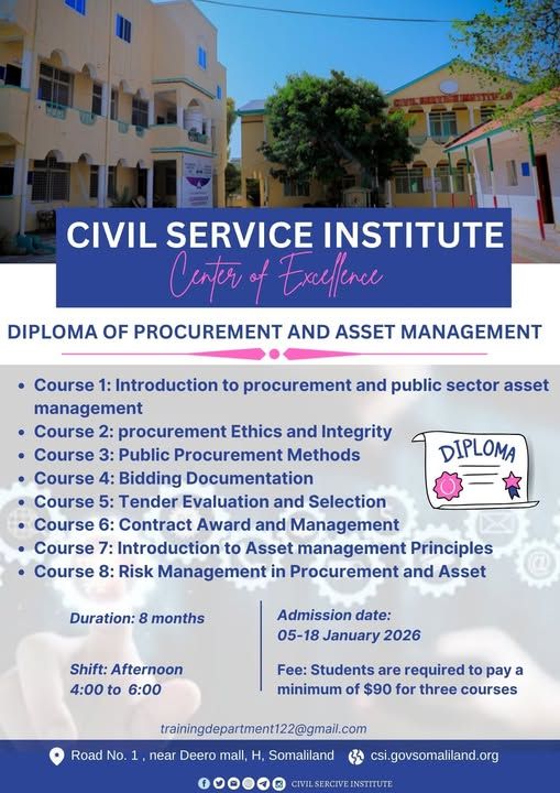 Ogaysiis Ku Saabsan Barnaamijka Diploma of Procurement and Asset Management Machadka Shaqaalaha Dawladda waxa uu ogaysiinayaa dhammaan bahda jecel waxbarashada in uu furay barnaamij waxbarasho heer Di